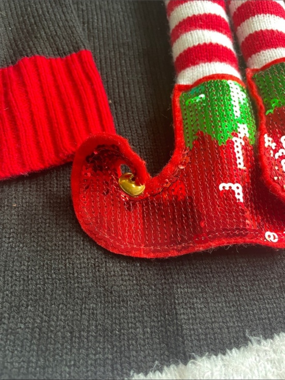 Sequined Elf Accent Sweater with Red Trim